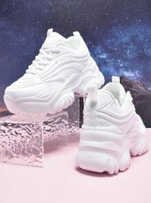 Women's Outdoor Platform Wedge Sneakers, Pure White High-Heel Casual Shoes, Super Lightweight And Comfortable, Round Toe Lace-Up, Breathable Mesh Fabric, Suitable For Daily, Workout, Office, Dating - 7CM Height Increase
