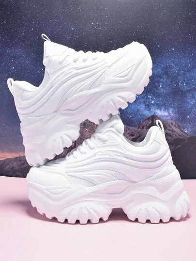 Women's Outdoor Platform Wedge Sneakers, Pure White High-Heel Casual Shoes, Super Lightweight And Comfortable, Round Toe Lace-Up, Breathable Mesh Fabric, Suitable For Daily, Workout, Office, Dating - 7CM Height Increase