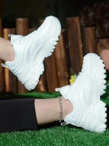 Women's Outdoor Platform Wedge Sneakers, Pure White High-Heel Casual Shoes, Super Lightweight And Comfortable, Round Toe Lace-Up, Breathable Mesh Fabric, Suitable For Daily, Workout, Office, Dating - 7CM Height Increase