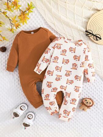 2pcs/Set Baby Boy Spring & Fall Cute Tiger Print Long Sleeve Jumpsuit And Solid Color Pants Casual Outdoor Outfit