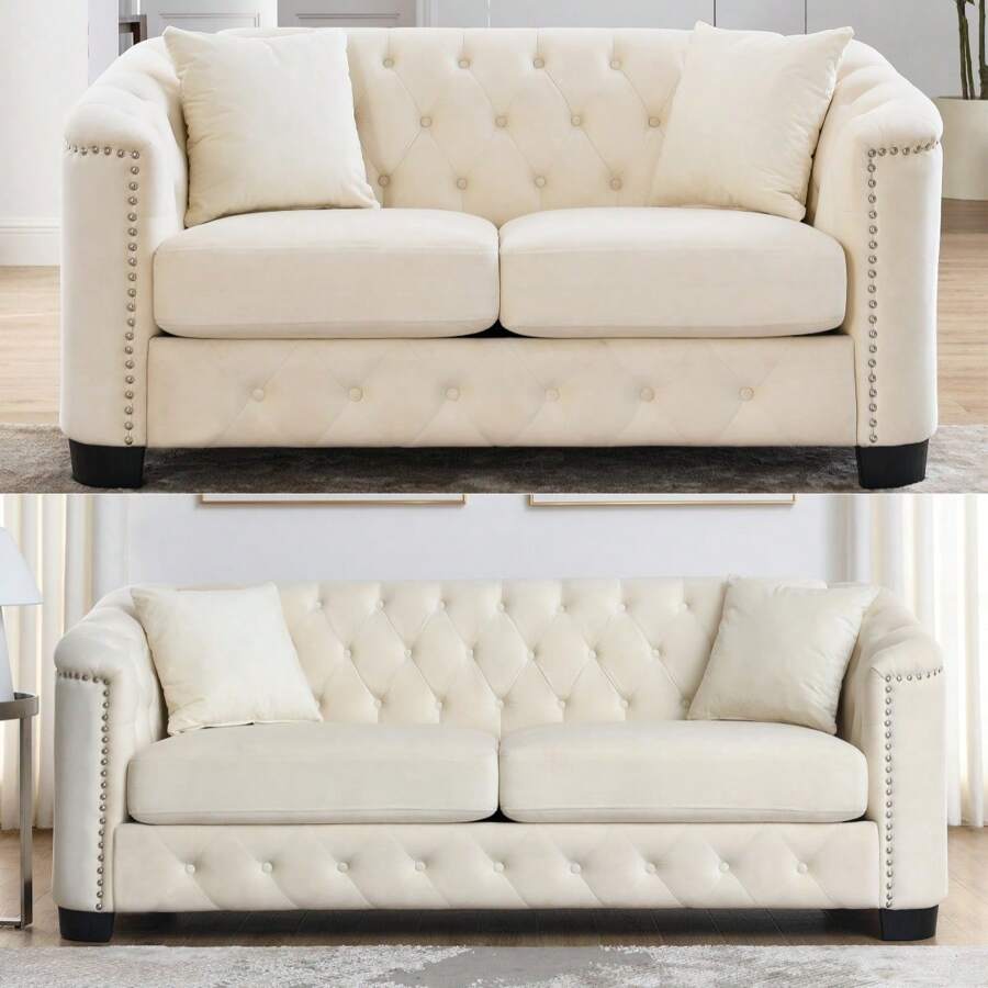 YOGLAD Modern Chesterfield Velvet Sofa, 2-Seater Sofa And 3-Seater Sofa, Upholstered Tufted Backrests With Nailhead Arms And 2 Cushions For Living Room, Bedroom, Apartment, Office - Màu be - Xem 1