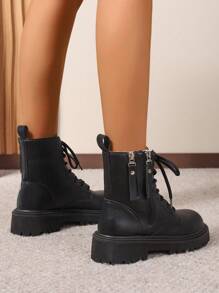 Giày nữ mùa Thu/Đông 2026 mới, bốt mùa đông ấm áp, giày nữ thời trang đa năng, bốt da cổ thấp, bốt ngắn đen trắng có dây buộc và khóa kéo bên hông, bốt nữ đế bằng, bốt cổ thấp và bốt ngắn cho nữ, bốt nữ thời trang. - màu đen - Xem 4