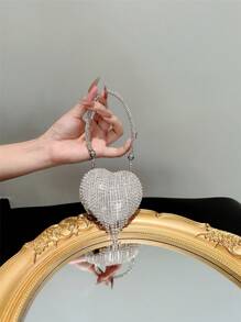 Women's Mini Shiny Rhinestone Tassel Handbag Evening Party Bag Dress Clutch Purse With Sparkling Rhinestone Heart Design Valentines, Glamorous Rhinestone Bag - Silver - View 4