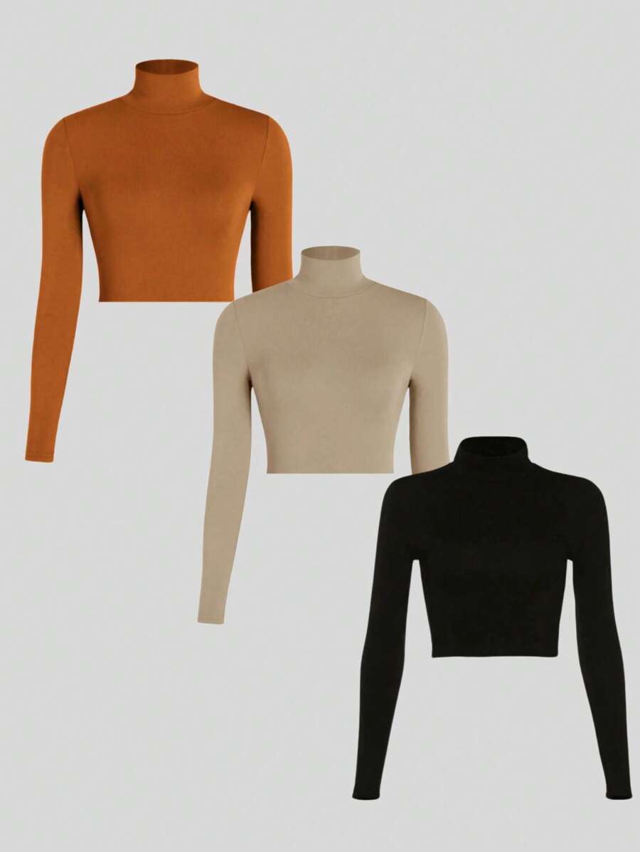Kit 3 Ribbed Cropped Tops High Neck Long Sleeve Women's Fashion Elegant Foreign Woman - 焦糖色,裸色和黑色 - 查看 1