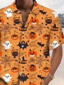 Plus Size New Design Print Men's Casual Loose Short Sleeve Shirt, Hawaiian Style, For Halloween, Breathable,Quick-Drying - Coral Orange - View 3