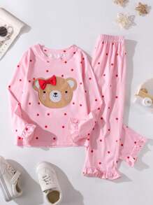 Young Girl 2pcs Heart & Bear Print Ruffle Trim PJ Set - Multicolor - View 3