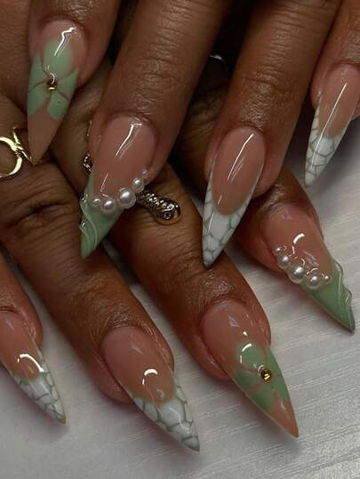 Nail Art hecho a mano: Gel de flores, uñas de stiletto francesas de piel de cocodrilo verde, uñas postizas con perlas en 3D en ola, set de arte de uñas con flores 3D, 10 uñas postizas falsas de cromo dorado, accesorios de uñas para uso diario para mujeres y niñas