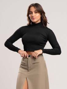 Kit 3 Ribbed Cropped Tops High Neck Long Sleeve Women's Fashion Elegant Foreign Woman - Brown, Caramel and Black - View 9
