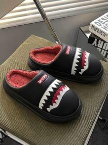 男士卡通鲨鱼毛绒加厚保暖冬季拖鞋 - 黑色 - 查看 3