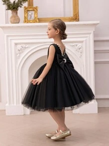 Vestido de princesa negro con perlas y lazo para niña, con escote profundo en V y espalda descubierta, adecuado para fiestas de cumpleaños, banquetes, ocasiones formales, bodas, niña de las flores, actuaciones en el escenario - Negro - Ver 6
