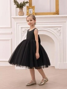 Vestido de princesa negro con perlas y lazo para niña, con escote profundo en V y espalda descubierta, adecuado para fiestas de cumpleaños, banquetes, ocasiones formales, bodas, niña de las flores, actuaciones en el escenario - Negro - Ver 5