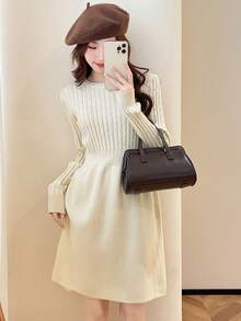 French Elegant Cable Knit Slim Fit Sweater Dress - Beige - View 1