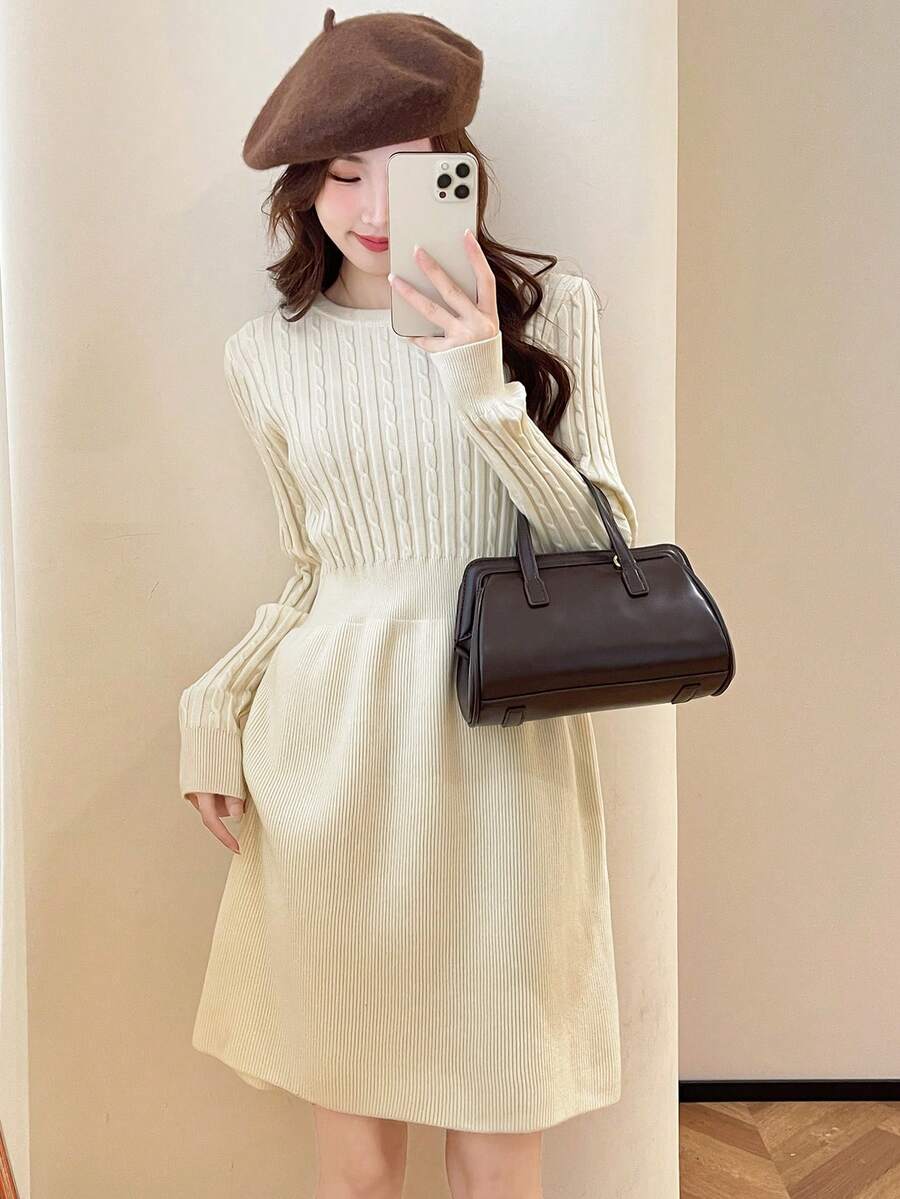 French Elegant Cable Knit Slim Fit Sweater Dress - Beige - View 1