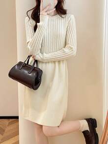 French Elegant Cable Knit Slim Fit Sweater Dress - Beige - View 4