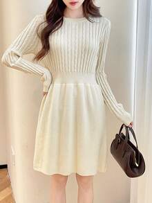 French Elegant Cable Knit Slim Fit Sweater Dress - Beige - View 3