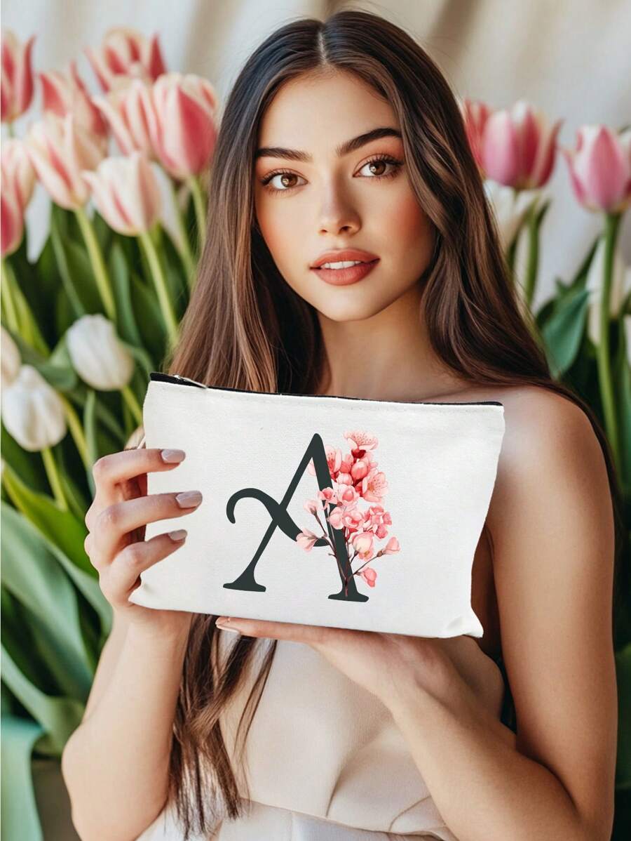 Alfabeto de flores simples Bolsa de maquiagem de lona para mulheres Bolsa de viagem para artigos de higiene pessoal portátil, Bolsa de armazenamento de cosméticos Bolsa de armazenamento de pincéis de cosméticos com fecho de zíper, Itens essenciais para viagens Itens essenciais para cruzeiros Itens essenciais para dormitórios, Presentes para madrinhas de casamento, Presentes para mães, Presentes de aniversário, Presentes para amigos e professores, Decoração para casa, Banheiro Bolsas de maquiagem Organizador de maquiagem Organizador de maquiagem Armazenamento de maquiagem - Branco - Ver 1