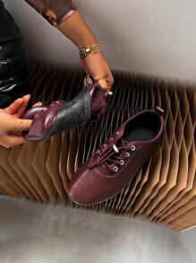 Nuevas bailarinas con cordones de otoño, invierno burdeos, zapatos casuales de ballet para mujeres - Rojo - Ver 6