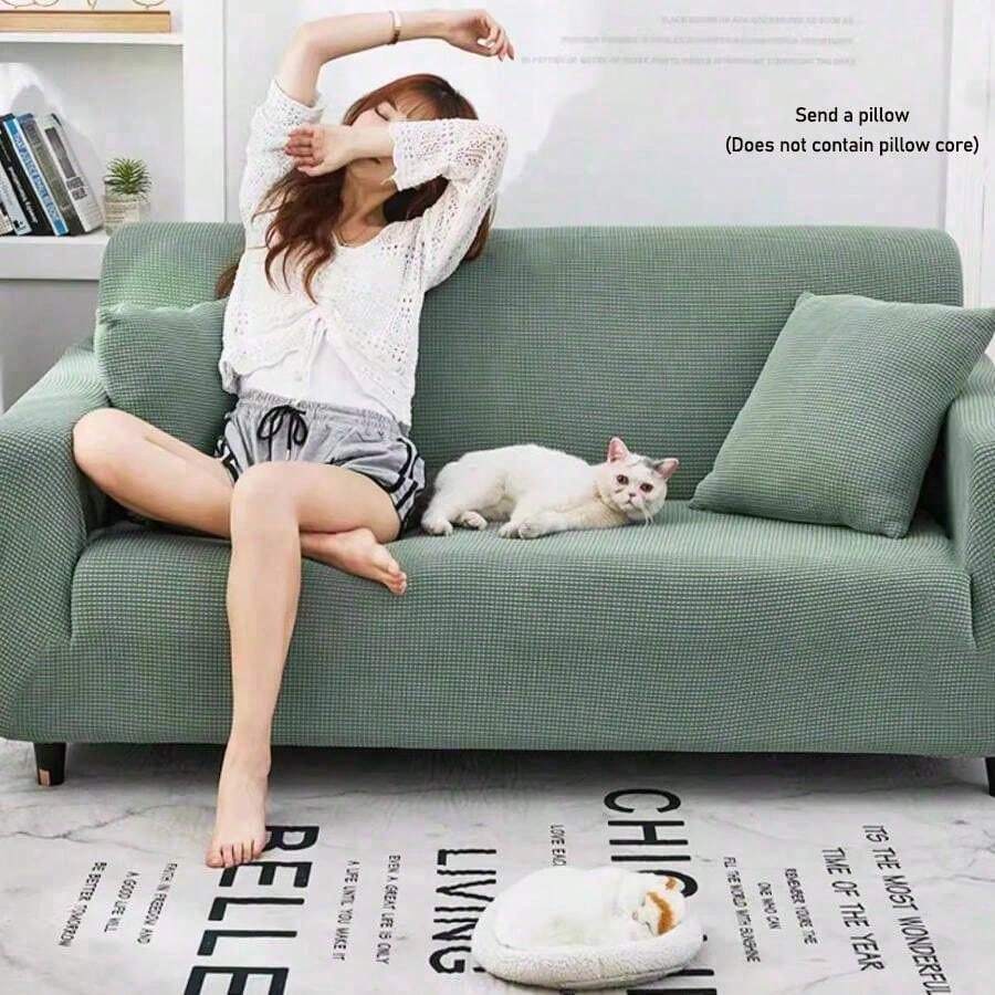 1 件浅绿色格纹图案通用沙发套，加厚玉米绒面料，4 季弹力全包裹沙发保护套，防刮擦 // 附赠 1 个垫套（无填充物） - 淡綠 - 查看 1