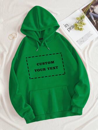 Customized Text Decor Pocket With Hood Casual Long Sleeve Hoodie Sweatshirt