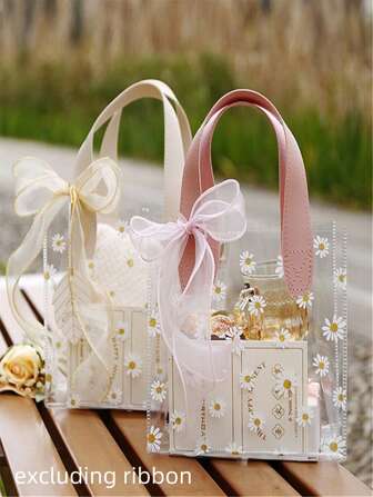 Mini Daisy Printed PVC Transparent Handbag, Holiday Gift Bag, Wedding Gift, Mother's Day Gift, Travel, Shopping, White Handheld Gift Bag (Excluding Ribbon)