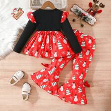 2 piezas/Set Top con estampado de letra y muñeco de nieve de Navidad y pantalón acampanado para niñas
