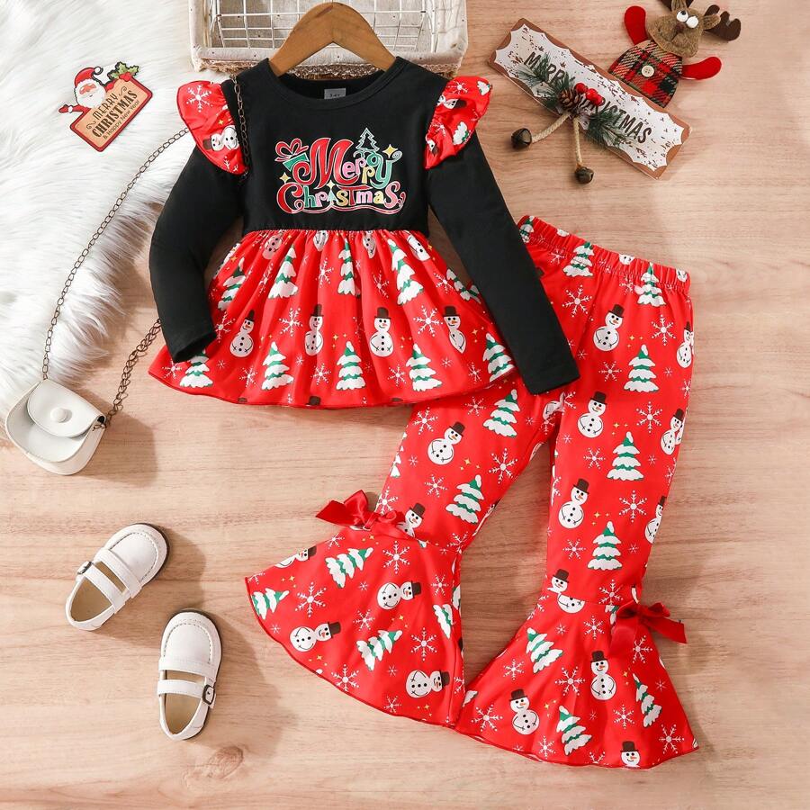 2 piezas/Set Top con estampado de letra y muñeco de nieve de Navidad y pantalón acampanado para niñas