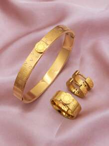 1set/4pcs New Round Roman Numerals Bracelet Stainless Steel Enamel Bangles Ring Earrings Jewelry Set Women Orange Color - Gold Color - View 2