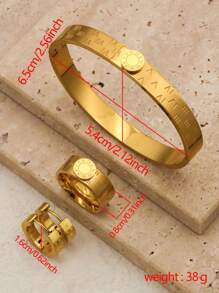 1set/4pcs New Round Roman Numerals Bracelet Stainless Steel Enamel Bangles Ring Earrings Jewelry Set Women Orange Color - Gold Color - View 5