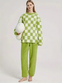 2pcs Green Plaid Women's Pajama Set, Thick Fleece Fabric, Comfortable & Simple Design, Crew Neck Top & Pants, Winter