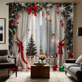 2pcs High Definition Digital Printed Curtain, Realistic Christmas White Bowknot Ornament Style For Living Room, Bedroom, With Pole Pocket