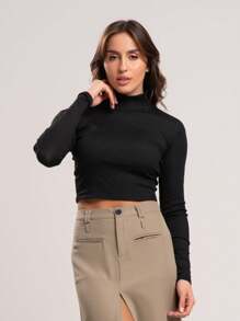 Kit 3 Ribbed Cropped Tops High Neck Long Sleeve Women's Fashion Elegant Foreign Woman - Caramel, Green and Black - View 3