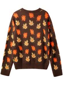 Pull femme mode rétro casual automne et hiver, pull tricoté à col rond avec contraste d'imprimé feuille d'érable jacquard - Marron - Voir 3