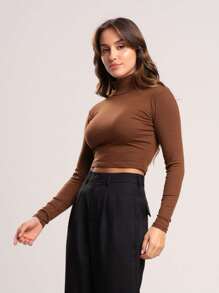 Kit 3 Ribbed Cropped Tops High Neck Long Sleeve Women's Fashion Elegant Foreign Woman - Coklat, putih dan hitam - View 4