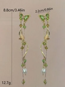 2pcs Green Butterfly Pendant & Pearl Tassel Earrings Set, Perfect Match For Spring/Summer Outfits - Green - View 5