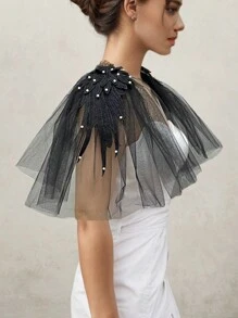 1 Paio Di Accessori Sposa Scuri Epaullettes In Tulle Con Borchie A Forma Di Ala Nera, 30 cm