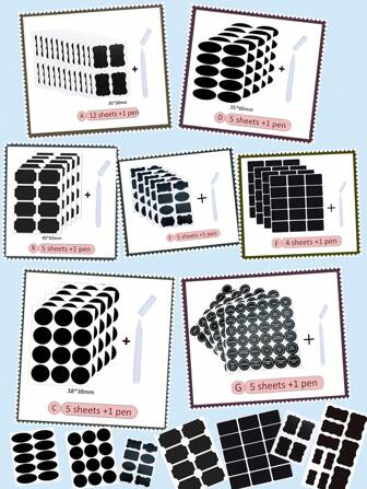 12sheets+1pen/5sheets+1pen/4sheets+1pen,8sheets/15sheets PCV Black Blank Reusable Stickers With Pen, Baking Cake Cookie Packaging Seasoning Bottle Blank Waterproof Reusable Stickers, Various Shapes And Sizes, Home Kitchen Organization Labels