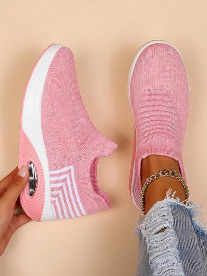 Women's Breathable Round Toe Slip-On Cushion Sneakers, Ladies' Casual Knitted Shoes