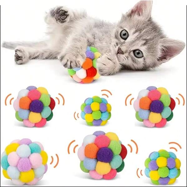 3 pièces Jouets de balles rebondissantes amusantes à motifs de chats de couleurs aléatoires, balles de peluche avec clochettes pour chaton, jouets interactifs en forme de planète pour chats à mâcher, accessoires pour animaux de compagnie
