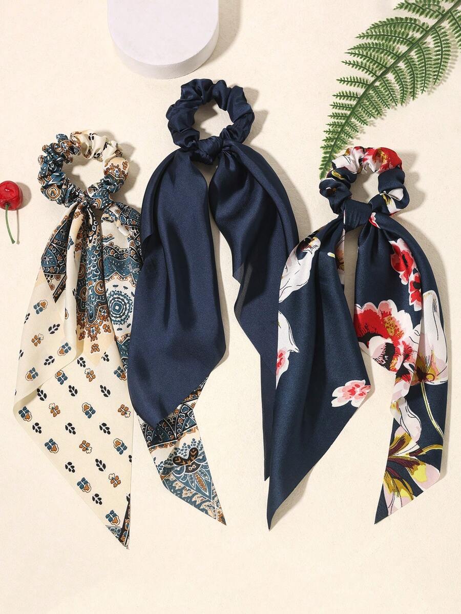 3件套缎面纯色围巾、头巾、发饰、发圈、马尾辫发绳、发圈、橡皮筋、发绳、弹性发带、发饰、头饰、弹性发圈