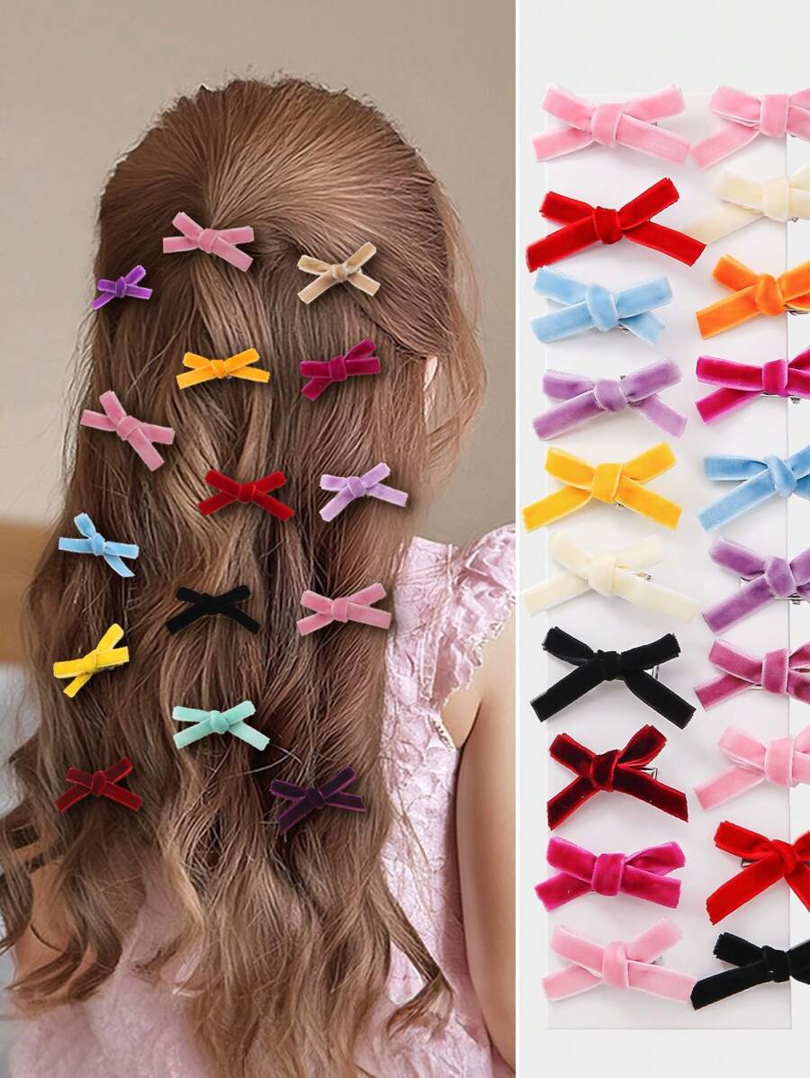 20pcs/Pack Teen Girls Colorful Flocking Bowknot Hairpins Hair Clips Barrettes Hair Accessories For Daily Use In Fall/Winter - Multicolor - View 1