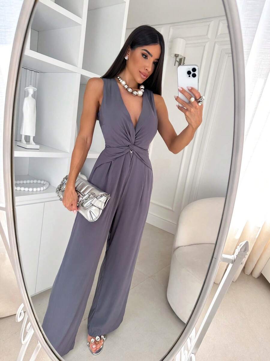 Women's Plain Jumpsuit, Wide Leg, Crossover Neckline, With Pockets And Elastex - 灰色 - 查看 1