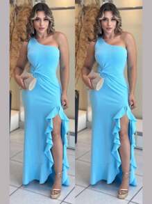 Women's Sara Long Dress With Ruffles And Slit One Shoulder Solid Color Party Prom Fashion - 藍色 - 查看 2