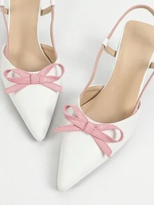 Fashionable Pointed Toe Slingback High Heel Shoes, White Ladies Pumps With Pink Bow Decor, Suitable For Spring Autumn Party, Versatile And Stylish - White - View 5