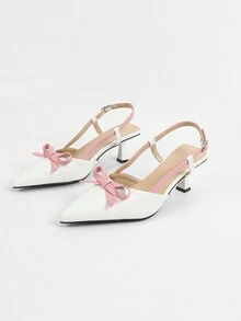Fashionable Pointed Toe Slingback High Heel Shoes, White Ladies Pumps With Pink Bow Decor, Suitable For Spring Autumn Party, Versatile And Stylish - White - View 6