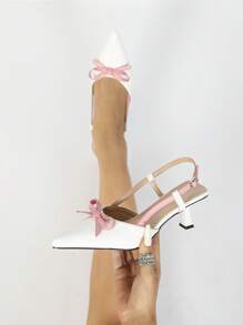 Fashionable Pointed Toe Slingback High Heel Shoes, White Ladies Pumps With Pink Bow Decor, Suitable For Spring Autumn Party, Versatile And Stylish - White - View 1