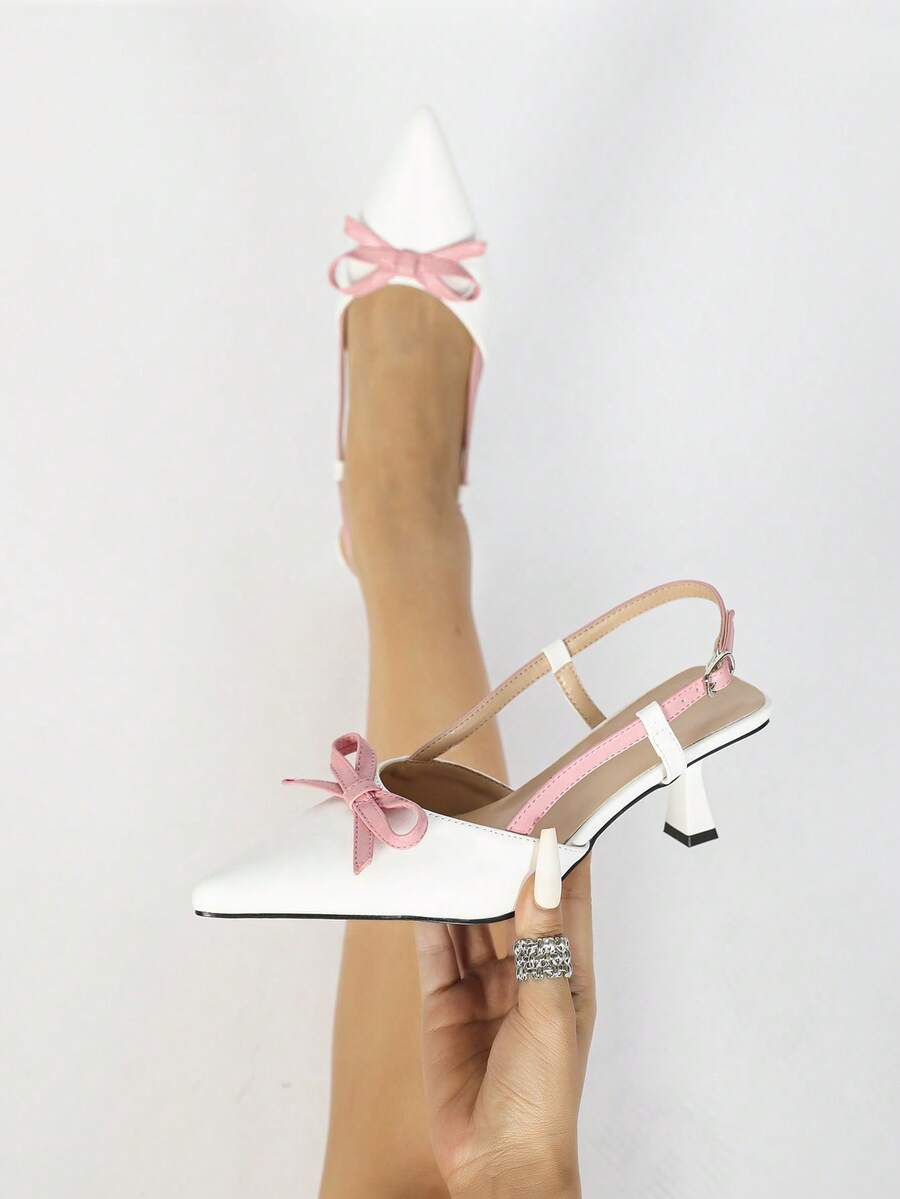 Fashionable Pointed Toe Slingback High Heel Shoes, White Ladies Pumps With Pink Bow Decor, Suitable For Spring Autumn Party, Versatile And Stylish - White - View 1