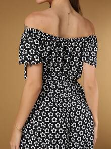 Women's Short Off-The-Shoulder Dress With Floral Print - 黑色 - 查看 3