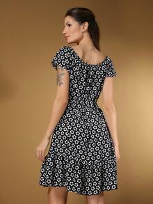 Women's Short Off-The-Shoulder Dress With Floral Print - 黑色 - 查看 4