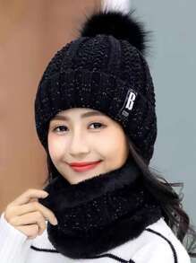 1pc-2 Pcs/Set Winter Neck Warmer & Knit Hat Set, Thicken Plush Windproof & Coldproof Casual Warm Hat Neck Scarf - Black - View 14