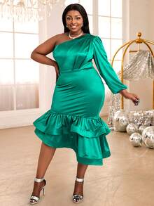 Plus One Shoulder Lantern Sleeve Ruffle Hem Satin Dress - Green - View 4